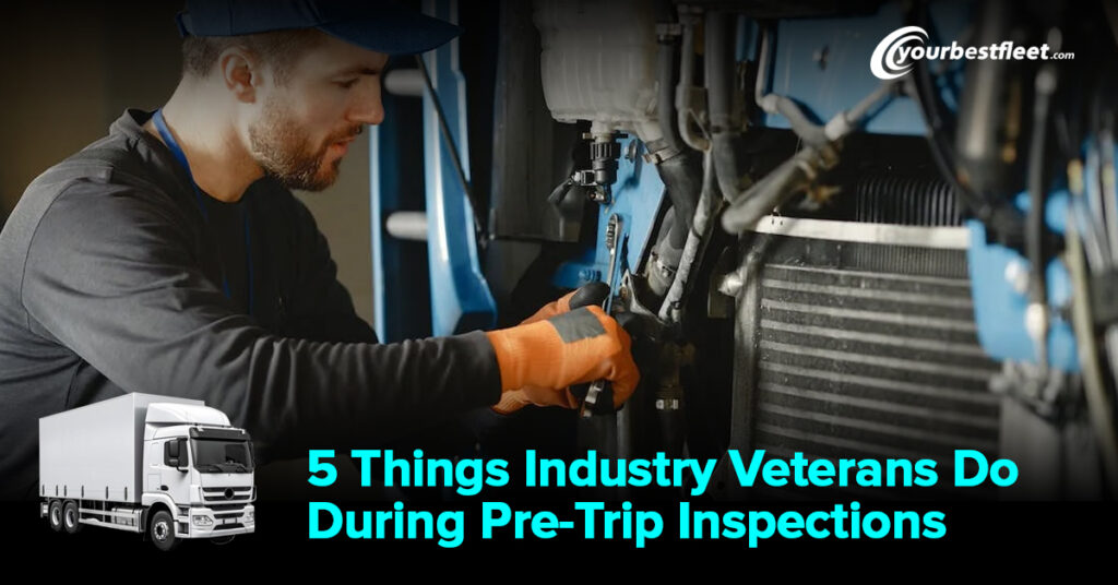 An image depicting an experienced industry professional conducting a thorough pre-trip inspection on a commercial vehicle, checking various components for safety and compliance